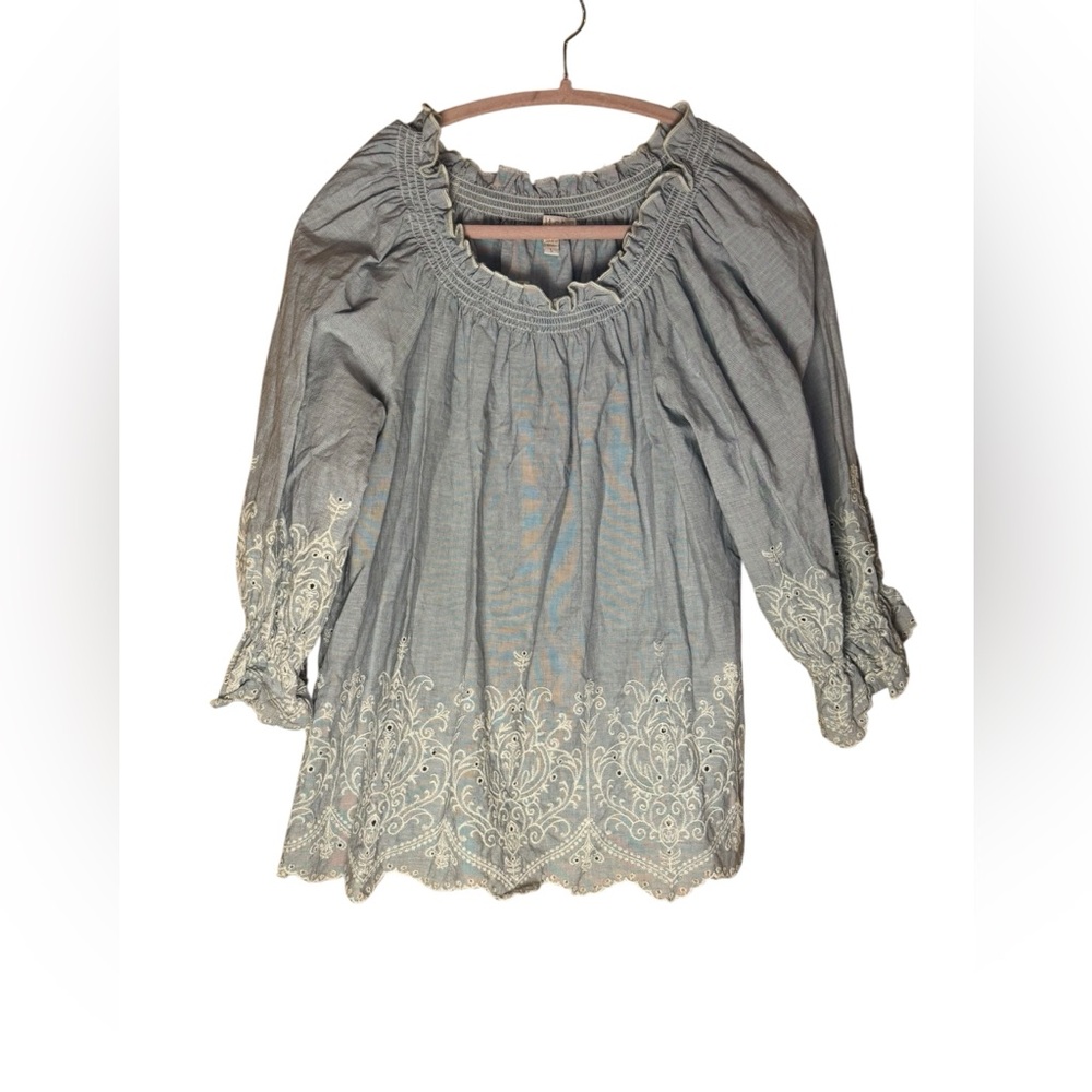 Stitch by Chenault Bluish Gray Romantic Off-Shoulder Lace Trim Boho Top - Size L - Picture 2 of 9
